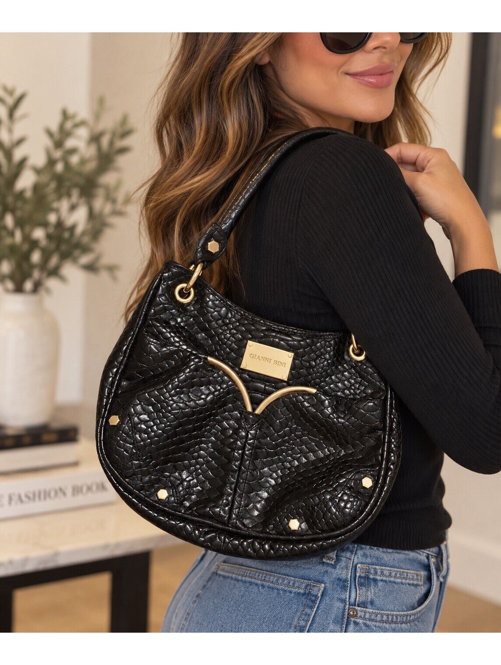 Gianni Bini Vintage Y2K Black Faux Snakeskin Shoulder Bag Purse